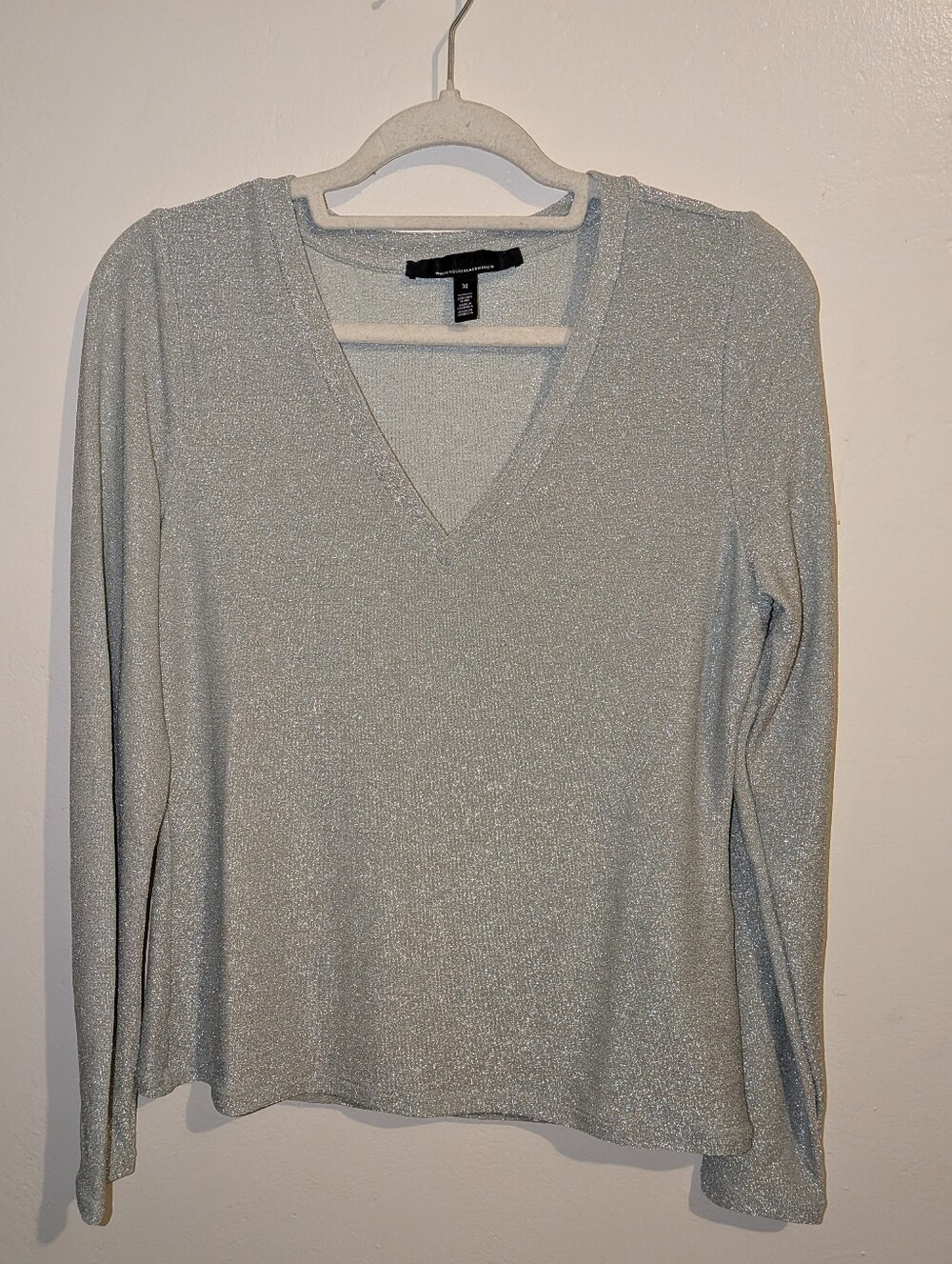 White House Black Market Silver Metallic V-Neck Long Sleeve Top Size M